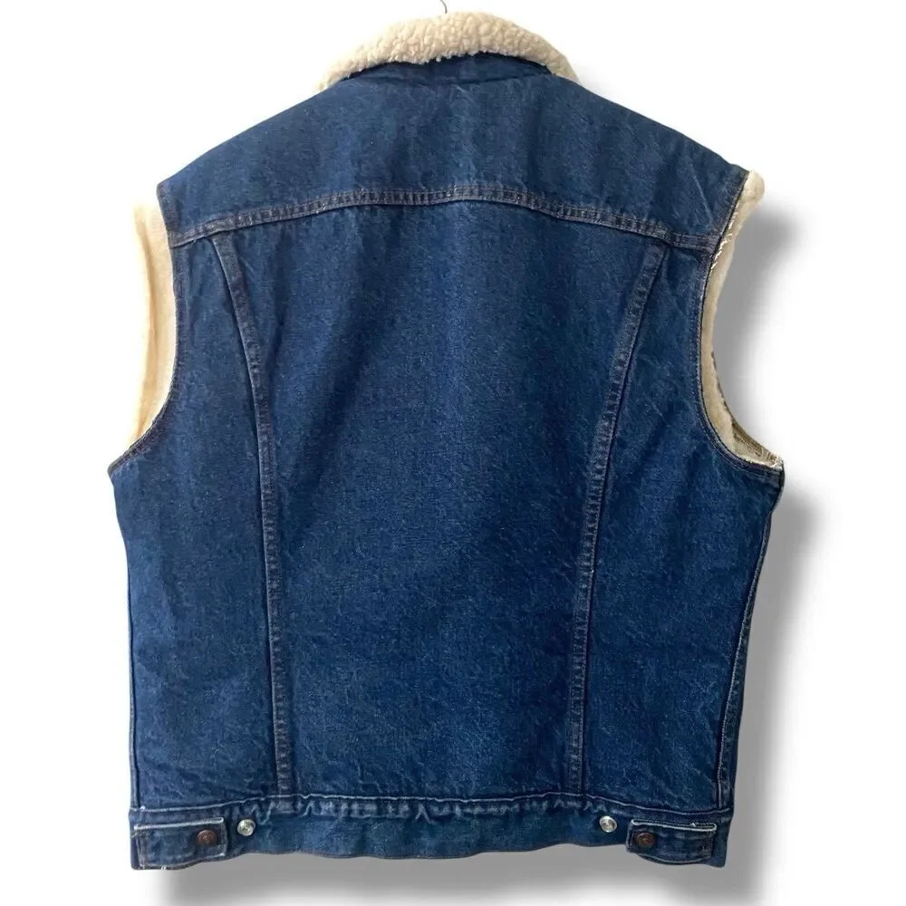 Vintage 1980s Levis Trucker Jean Blue Denim Sherpa Lined Vest Made In USA 40R